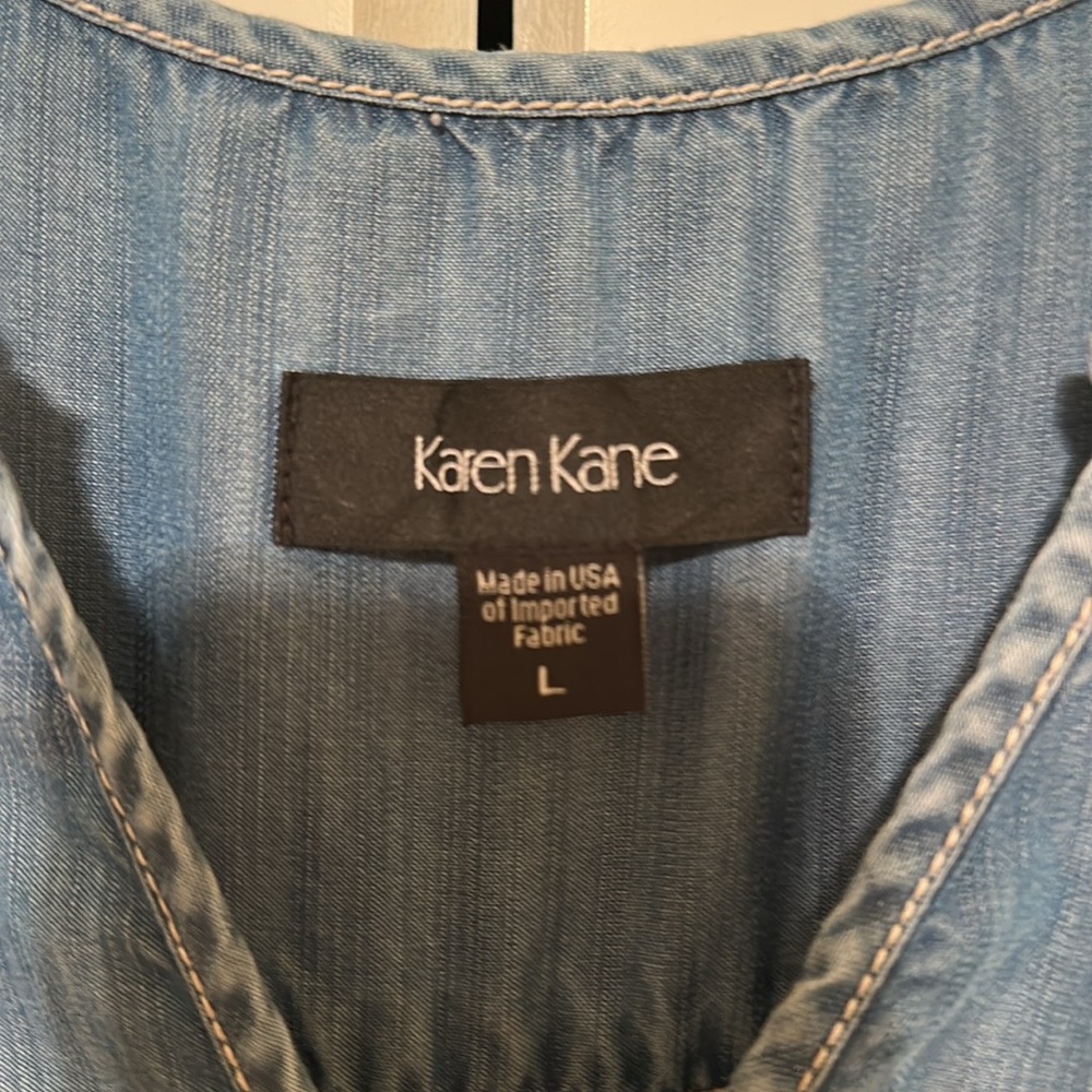 Karen Kane Blue Chambray Tunic Top L Asymmetrical High Low Made in USA - Picture 4 of 6